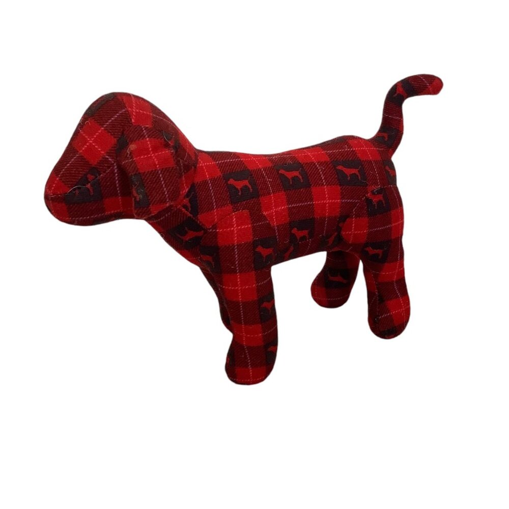 Victorias Secret PINK Plaid Plush Dog Red Black Checkered Stuffed Animal 8.5"x6"
